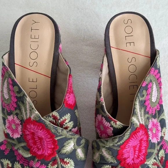 Sole Society Women's Embroidered Floral Open Toe Heels Shoes 7.5 Chunky Heel - Picture 6 of 16